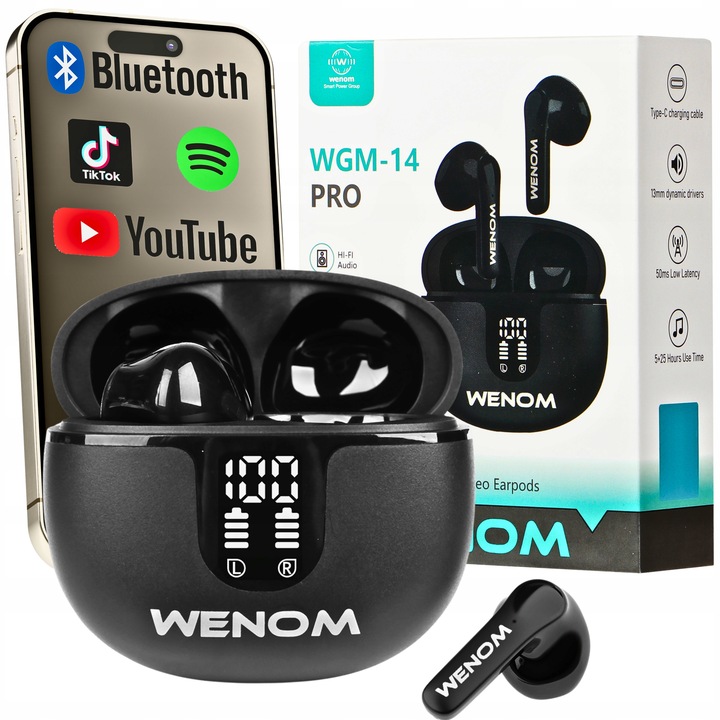 SŁUCHAWKI BEZPRZEWODOWE DOUSZNE WENOM WGM 14-PRO ANC 2 MIKROFONY LED EKRAN