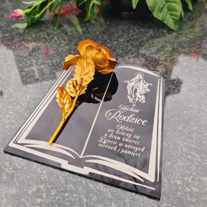 DEKORACJA na grób GRAWEROWANY ZNICZ podstawka na cmentarz RÓŻA DLA
