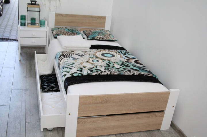 Łóżko pojedyncze drewniane LEA 90x200 białe Dąb Sonoma stelaż