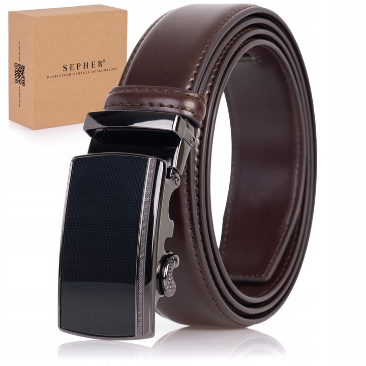 Pasek SKÓRZANY Męski Automat CIEMNY BRĄZOWY spodni