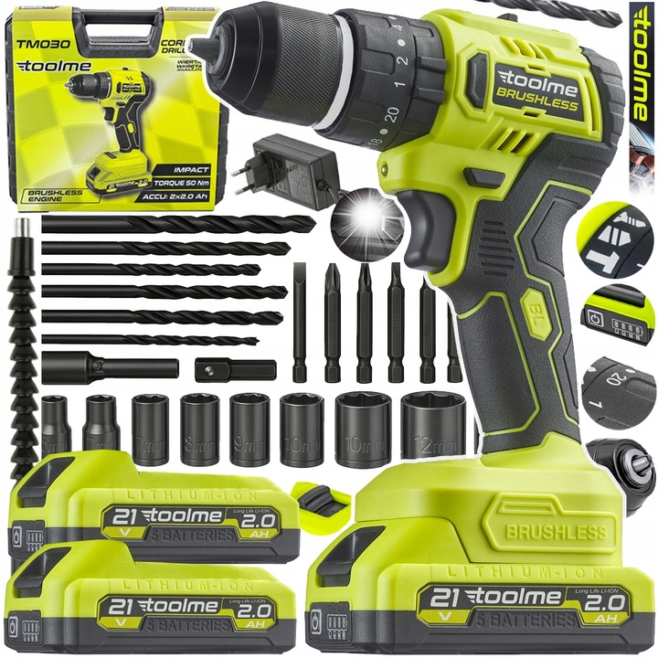 Wiertarko wkrętarka UDAROWA Bez szczotkowa aku 2x21V Li-ion tm030