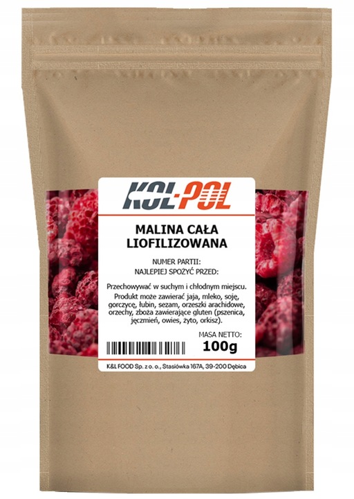 MALINY LIOFILIZOWANE 100g Całe Owoce liofilizowane Malina jakość Kol-Pol