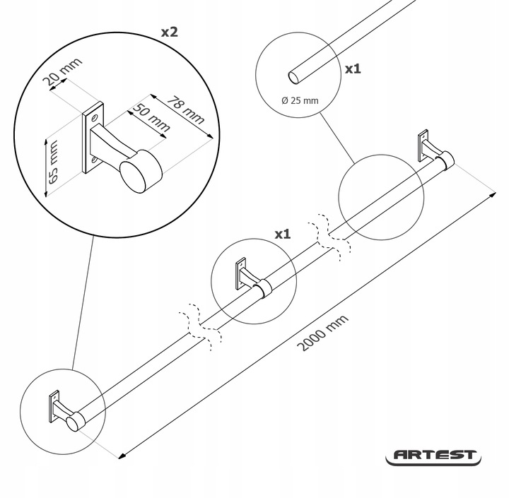 PORĘCZ SCHODOWA BALUSTRADA NA SCHODY UCHWYT CZARNY MAT fi 25mm 200 cm