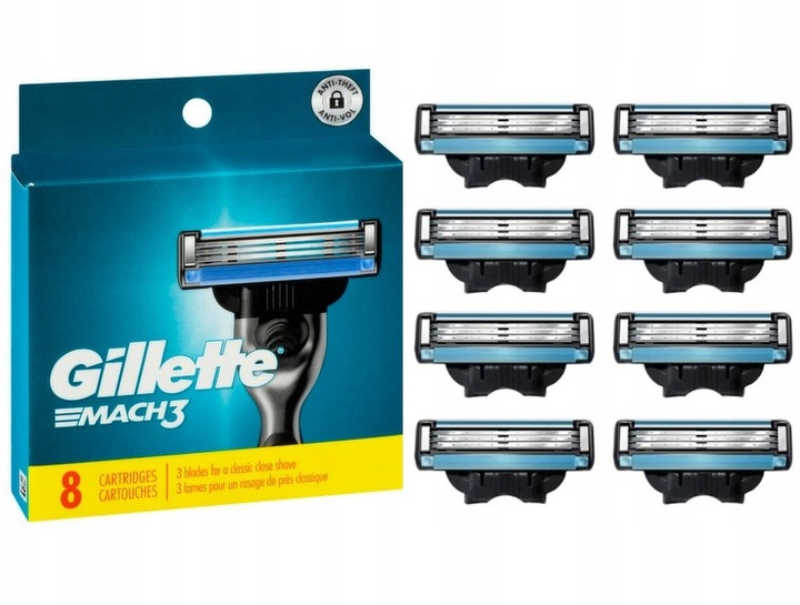 Gillette Mach 3 Wkłady Ostrza Do Maszynki 8 sztuk w Pudełku Oryginalne
