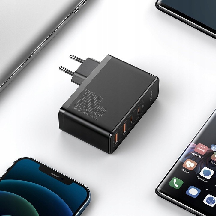 BASEUS MOCNA ŁADOWARKA SIECIOWA ZASILACZ 2X USB USB-C QC 100W + KABEL TYP-C