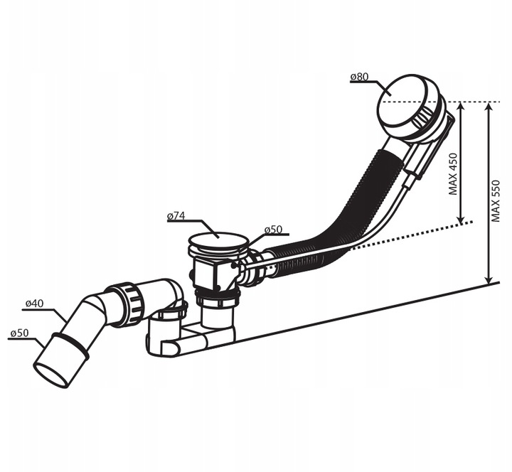 Syfon wannowy chrom z przelewem automatyczny do wanny na pokrętło niski