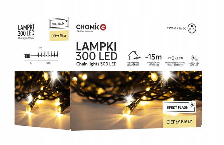 LAMPKI CHOINKOWE 300 LED ZEW/WEW 18M CIEPŁY BIAŁY EFEKT FLASH