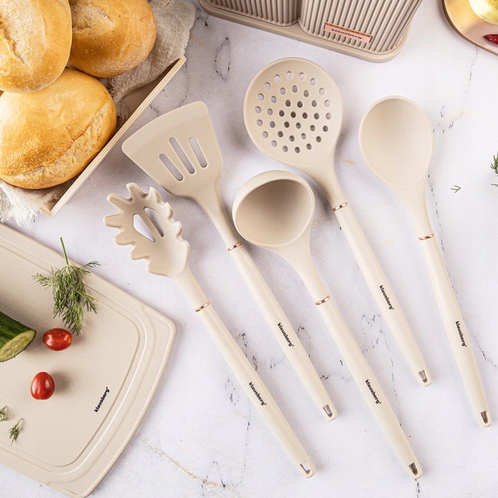 Komplet 5 Noży + Zestaw 5 przyborów kuchennych + deska do krojenia + Stojak