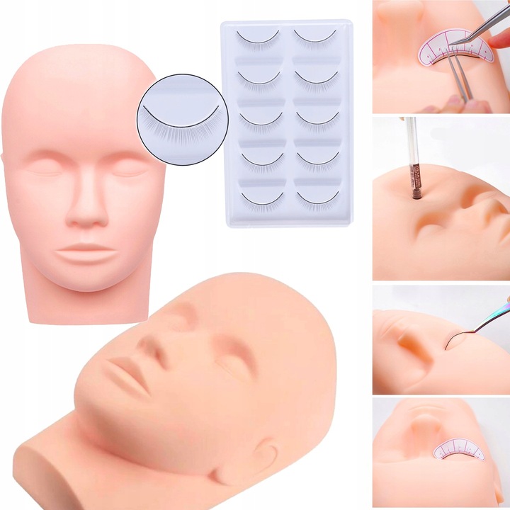 GŁÓWKA GŁOWA TRENINGOWA DO NAUKI PRZEDŁUŻANIA RZĘS SILIKONOWA + RZĘSY