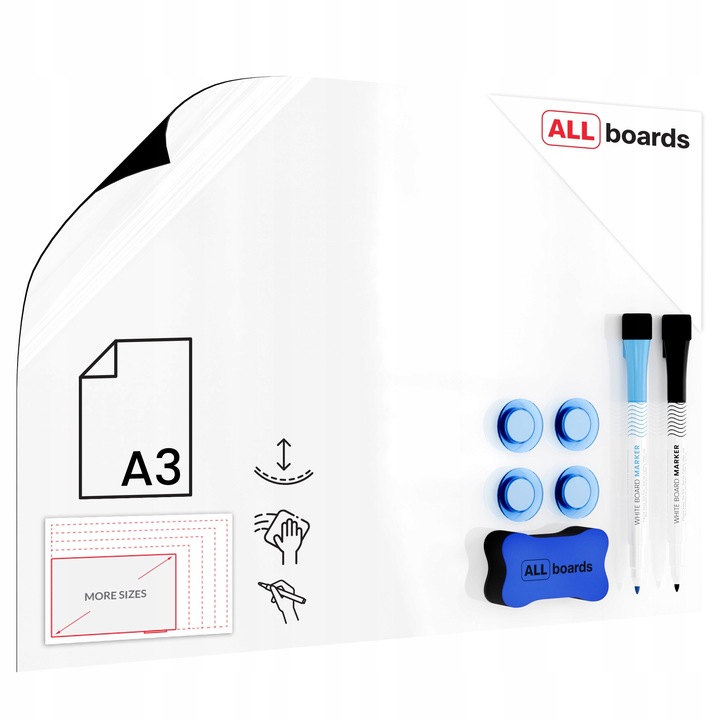 Tablica magnetyczna na lodówkę nakładka suchościeralna biała A3 + GRATIS