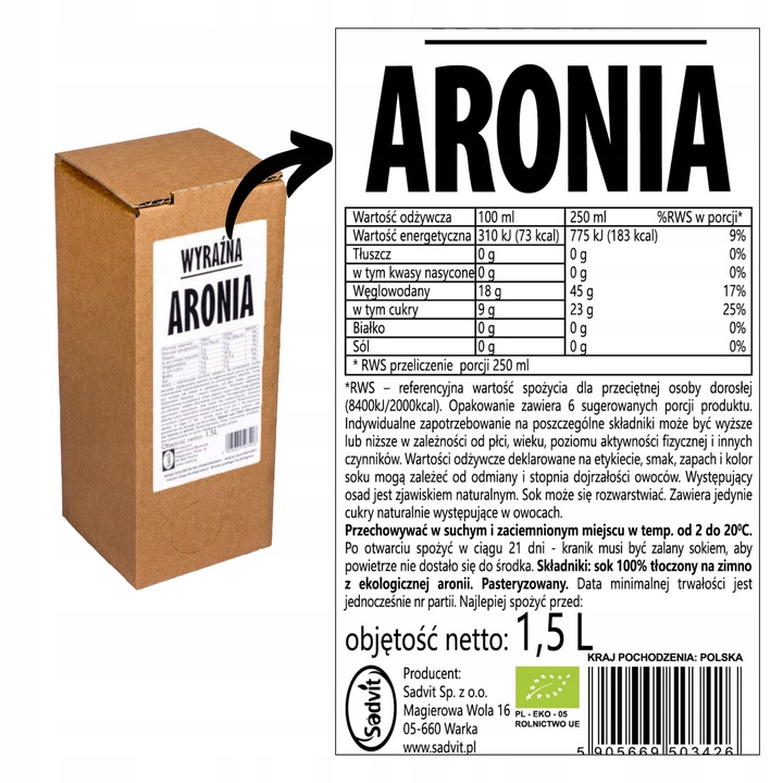 sok aronia 100% aroniowy NFC sok z aronii 1,5L EKO BIO do deserów bez cukru