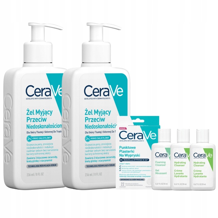CeraVe Plasterki na niedoskonałości, 2x Żel myjący 236ml + GRATIS