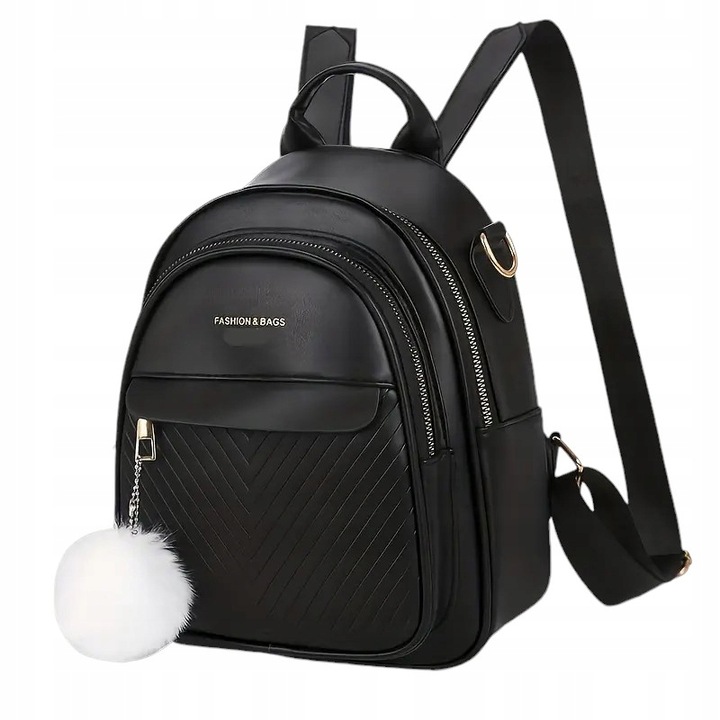 Plecak Torebka 2w1 Damski Eko Skóra Czarny Brelok Pompon Biały Prezent