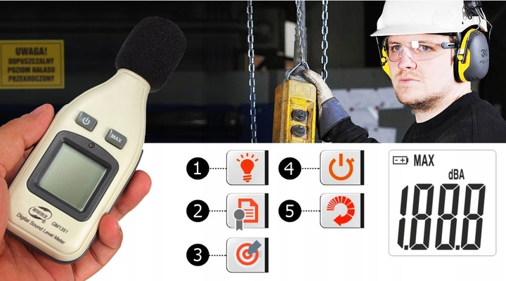 SONOMETR - MIERNIK NATĘŻENIA POZIOMU DŹWIĘKU, GŁOŚNOŚCI DECYBELOMIERZ LCD