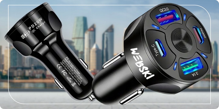 ZESTAW ŁADOWARKA SAMOCHODOWA 6A 30W 2X USB 2 X USB-C Z KABLEM COMBO USB 6W1