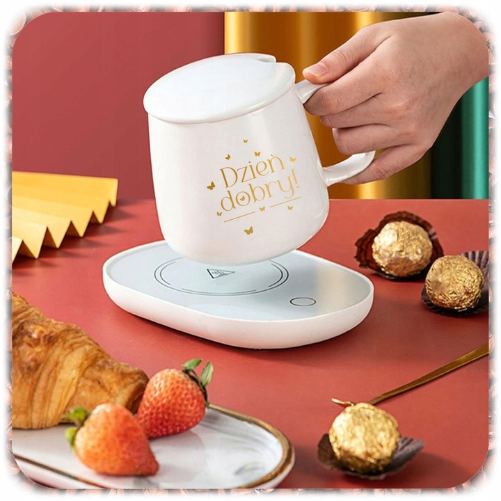 ZESTAW PREZENTOWY PODGRZEWACZ KABEL KUBEK POKRYWKA ŁYŻECZKA DO KAWY
