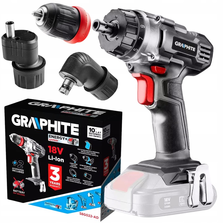 GRAPHITE Wiertarko Wkrętarka Akumulatorowa 18V Energy + 3 Adaptery