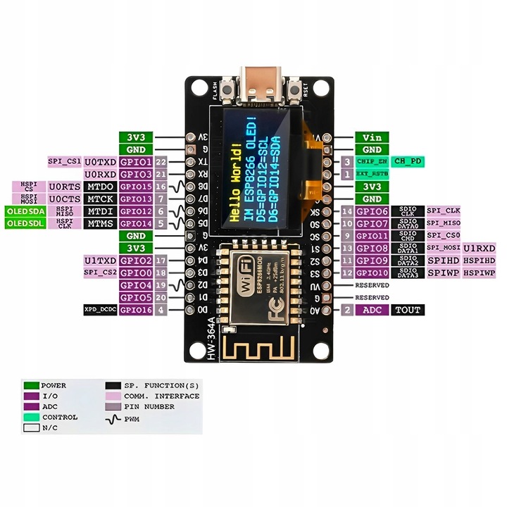 ESP8266 NODEMCU V3 OLED 0.96 128X64 Z USB-C DO ARDUINO IDE / MICROPYTHON