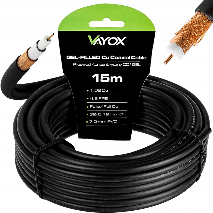 KABEL KONCENTRYCZNY PRZEWÓD ANTENOWY ŻEL CZARNY CU ZIEMNY MIEDŹ VAYOX 15m