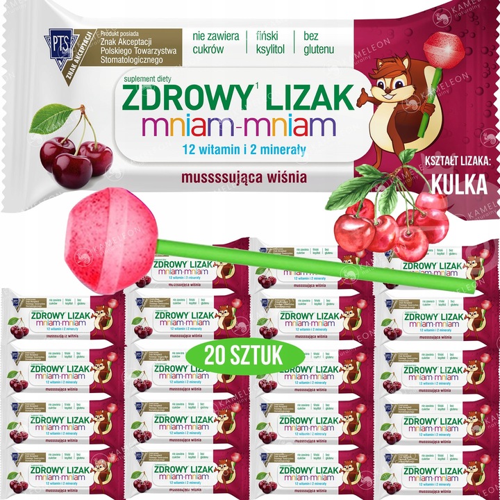 ZDROWY LIZAK Mniam KULKA WIŚNIA wiśniowy 20szt BEZ CUKRU Witaminy Minerały