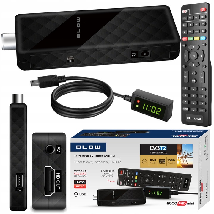 DEKODER TUNER TV DVB-T2 HEVC H.265 FULL HD MINI STICK PILOT ZESTAW HDMI USB