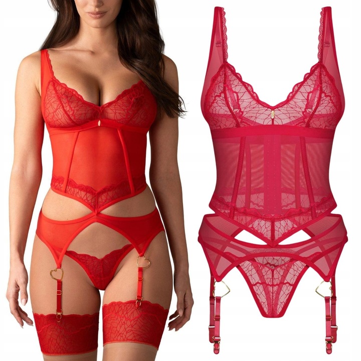 Cupide Desir gorset i stringi w czerwonym kolorze koronka i detale S/M Obse