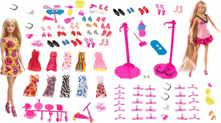 ZESTAW UBRANKA DLA LALEK SUKIENKI AKCESORIA 85 ELEMENTÓW KOMPLET XXL