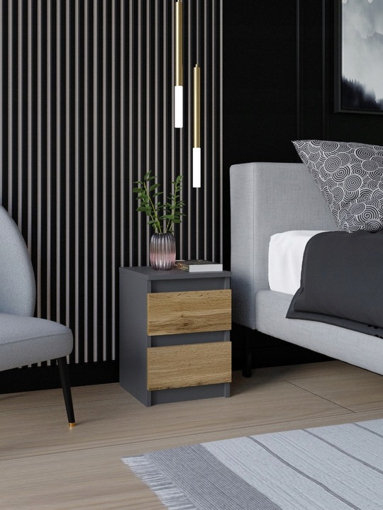 SZAFKA NOCNA ANTRACYT WOTAN STOLIK NOCNY DWIE SZUFLADY 30cm SYPIALNIA