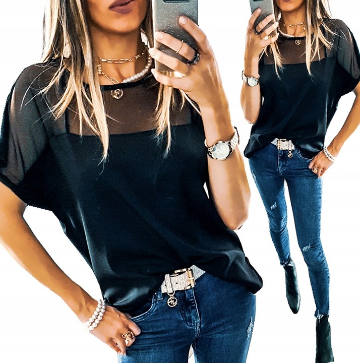 . BLUZKA TIULOWA Z SIATECZKĄ LUŹNA ELEGANCKA XL
