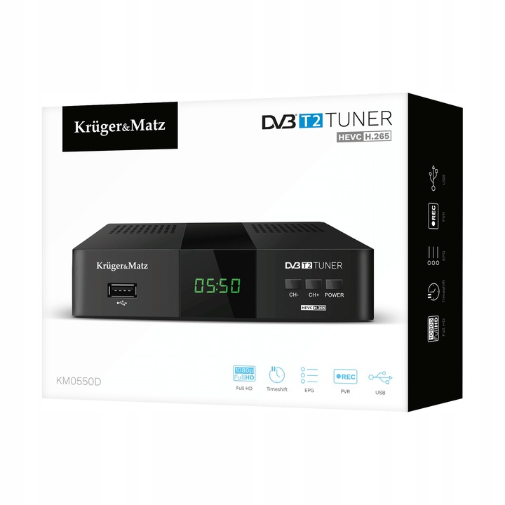 Kruger&Matz KM0550D Tuner TV dekoder cyfrowy DVB-T2 z pilotem
