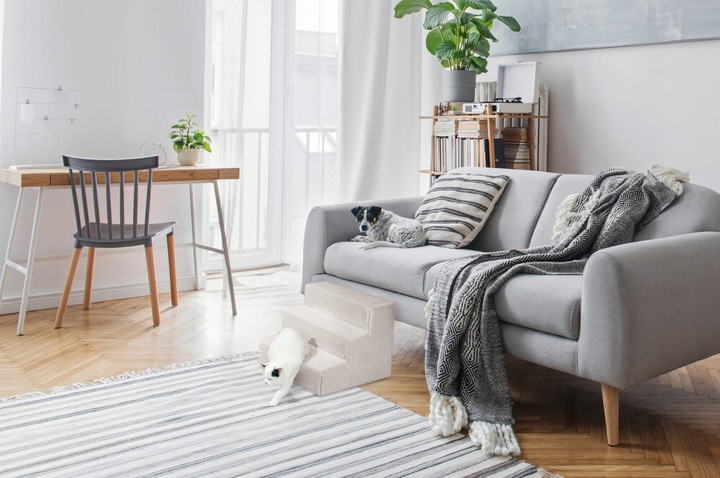 Schodki dla psa 3-stopnie tapicerowane jasnoszare podest dla psa do kanapy