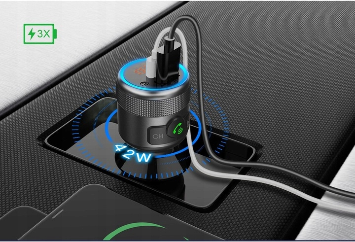 TRANSMITER FM BLUETOOTH USB TYP C QC 3.0 + PD BASS PD 20W