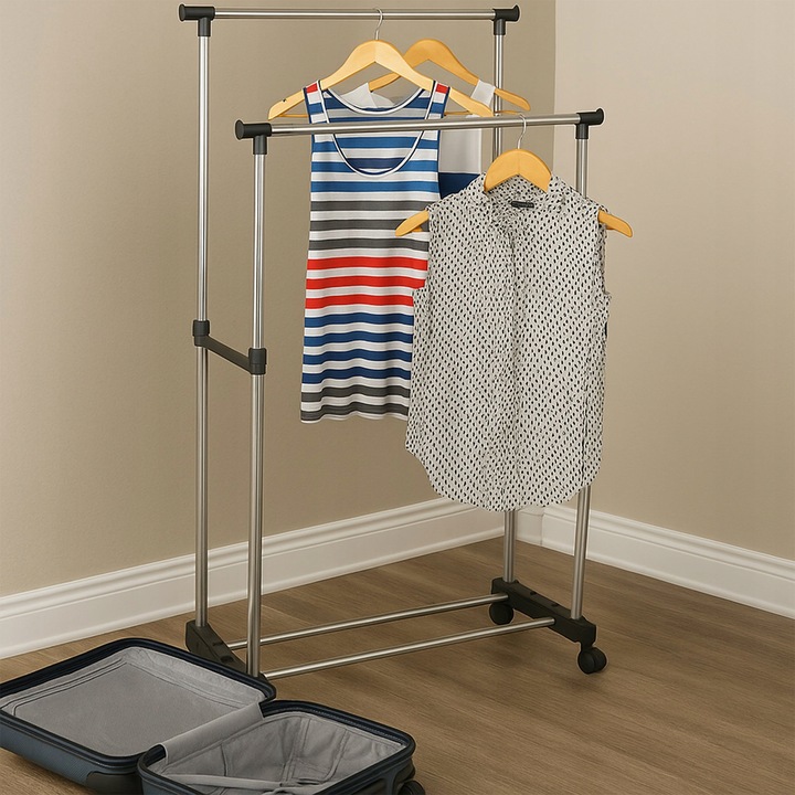 WIESZAK PODWÓJNY STOJĄCY NA KÓŁKACH UBRANIA STOJAK DO PRZEDPOKOJU