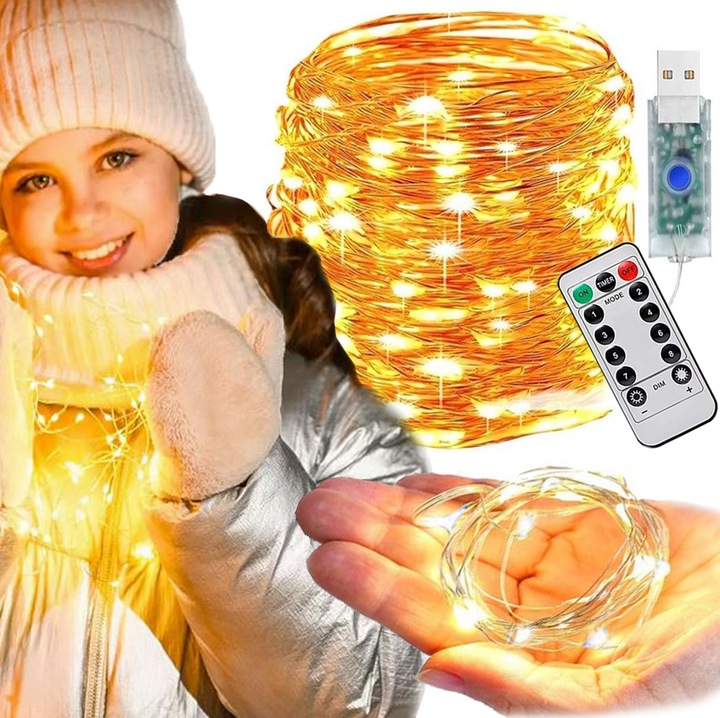 LAMPKI DRUCIKI 200 LED ŚWIATEŁKA CHOINKOWE 20M USB NA PILOTA BIAŁY CIEPŁY