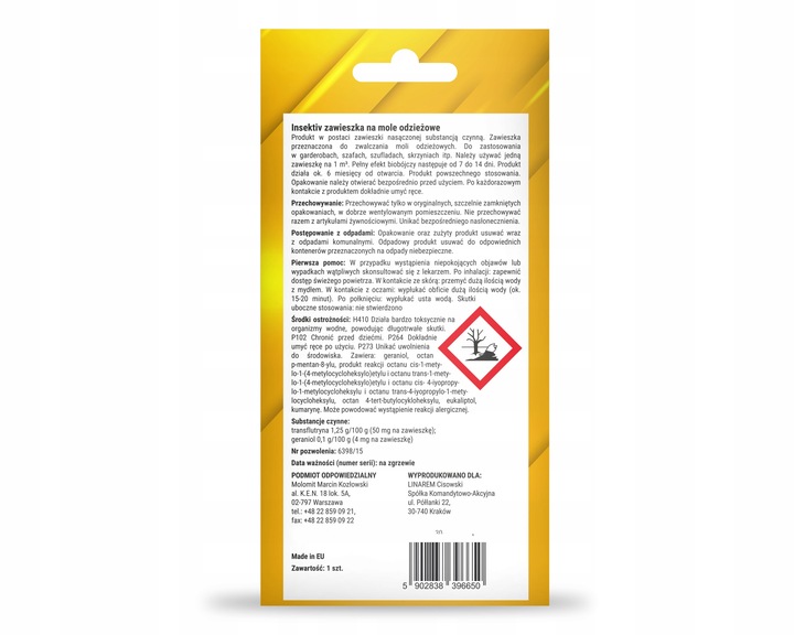 LAWENDOWA ZAWIESZKA ŚRODEK NA MOLE UBRANIOWE ODZIEŻOWE NO PEST (5 SZT)