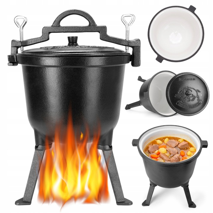 KOCIOŁEK MYŚLIWSKI ŻELIWNY EMALIOWANY GARNEK STOJĄCY NA OGNISKO 10L