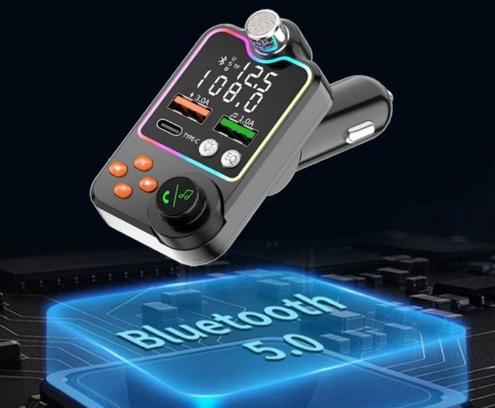 TRANSMITER FM ZESTAW GŁOŚNOMÓWIĄCY BT 5.0 ŁADOWANIE QC 3x USB PD RGB AUDIO
