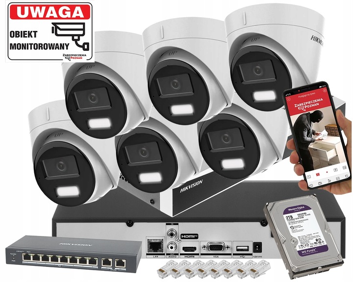 Zestaw do monitoringu 6 kamer Hikvision 6Mpx Dwa oświetlacze Detekcja Ludzi
