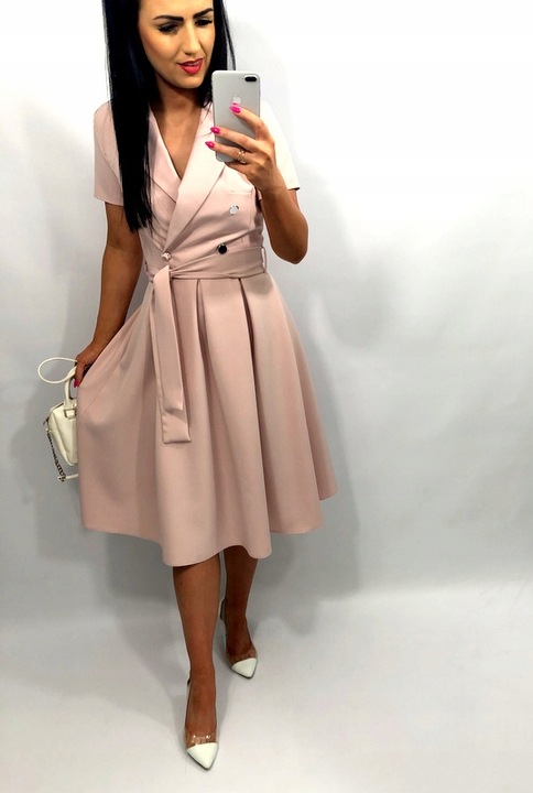 Sukienki Damskie na Komunię Chrzciny Wesele Elegancka Rozkloszowana Róż M