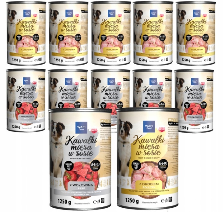 WAFI KARMA MOKRA DLA PSA KAWAŁKI W SOSIE MIX SMAKÓW 12X1250G PUSZKA
