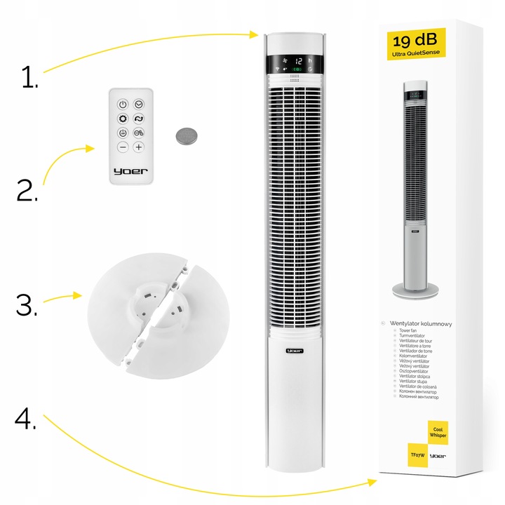 Wentylator kolumnowy stojący Cichy 19dB Yoer +12m zasięg 12 mocy