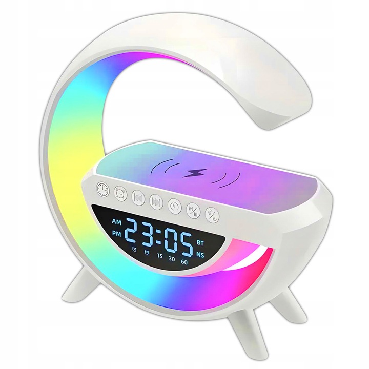 Lampka nocna biurkowa 6w1 | Zegar | Budzik | Radio | Ładowarka | Głośnik