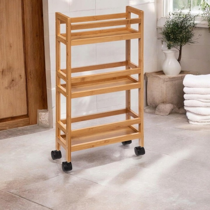 REGAŁ ŁAZIENKOWY KUCHENNY PÓŁKA SZAFKA NA KÓŁKACH BAMBUSOWY WĄSKI