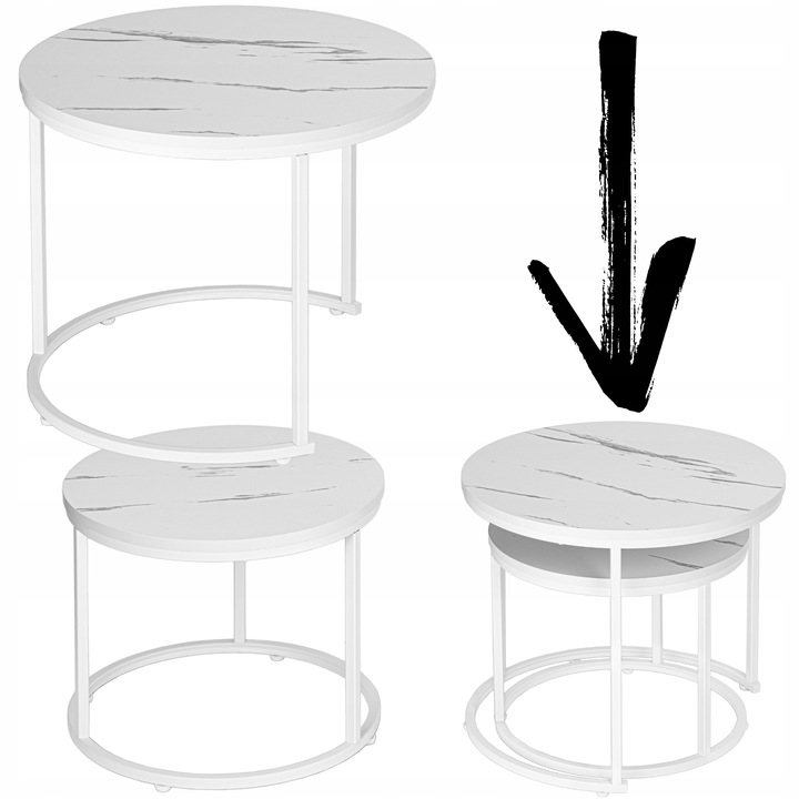 STOLIK KAWOWY OKRĄGŁY 2W1 BIAŁY MARMUR ZESTAW 2 STOLIKÓW KAWOWYCH