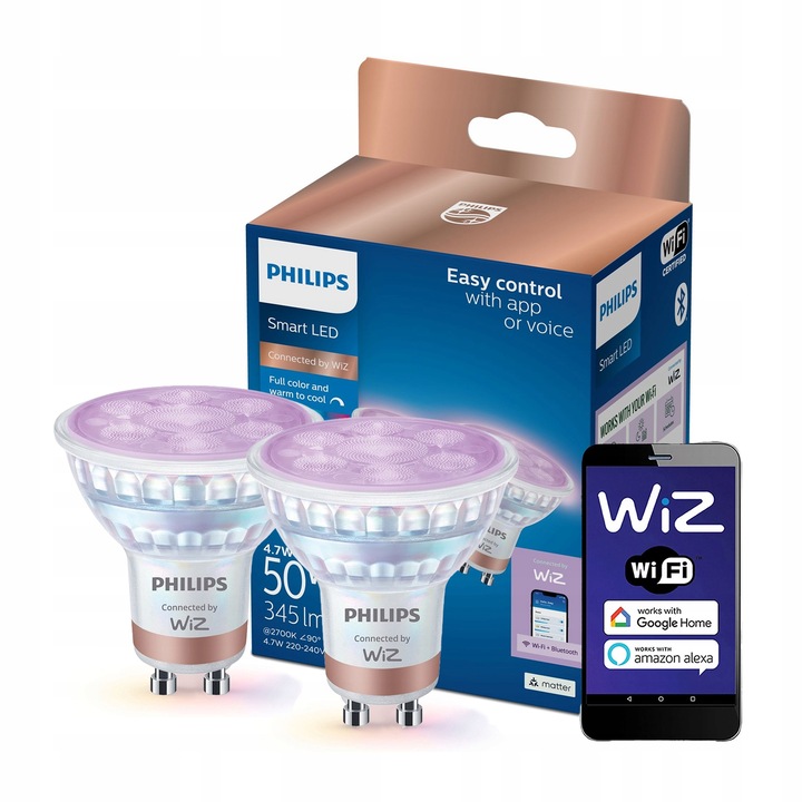 2x Żarówka LED GU10 4,7W = 50W 2200-6500K + RGB 36° SMART WiFi Philips