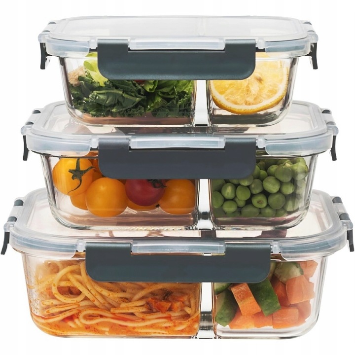 LUNCHBOX POJEMNIK SZKLANY NA ŻYWNOŚĆ ZESTAW 3SZT DWUKOMOROWE HERMETYCZNE