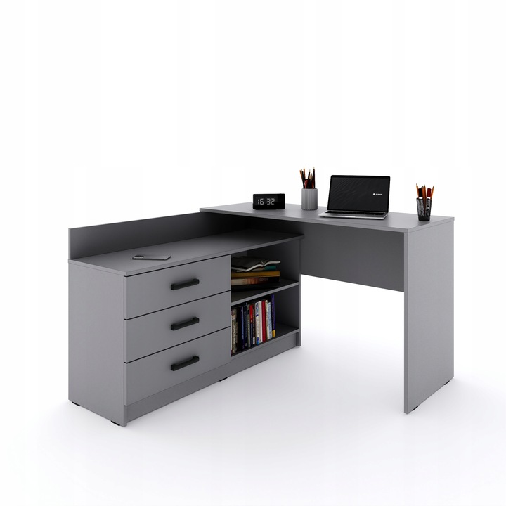 Funkcjonalne biurko narożne Omega - 3 szuflady - grafit / dąb artisan