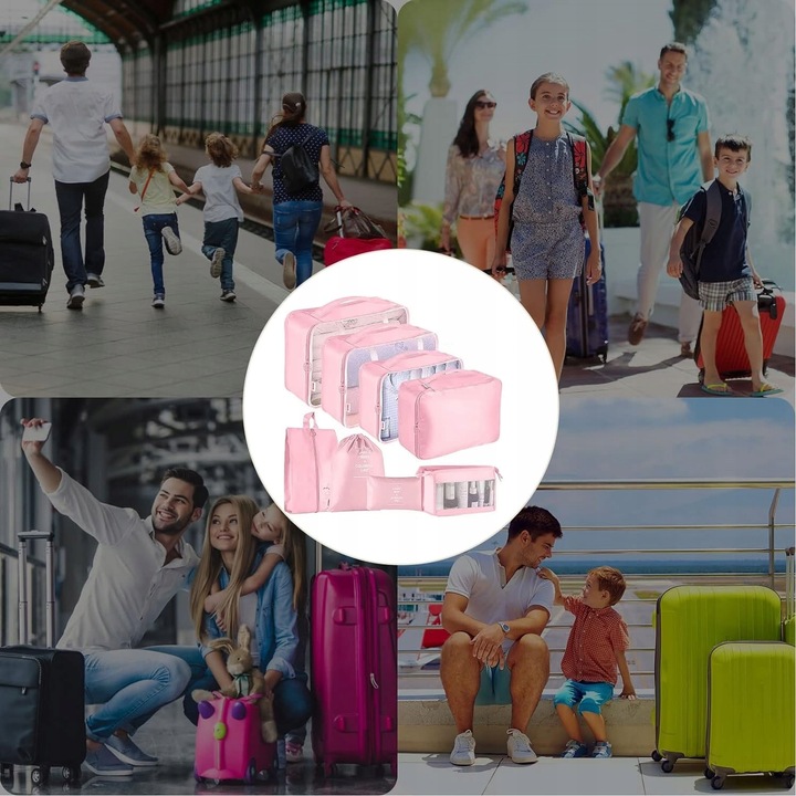 ZESTAW ORGANIZERÓW ORGANIZER PODRÓŻNY WALIZKI SZAFA UBRAŃ KOMPLET 8szt RÓŻ