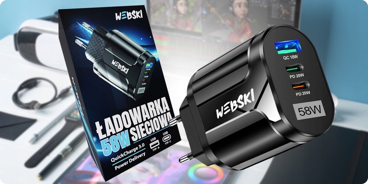 SIECIOWA ŁADOWARKA 3 PORTY USB 58W 2xUSB-C PD 20W +USB QuickCharge 3.0 18W