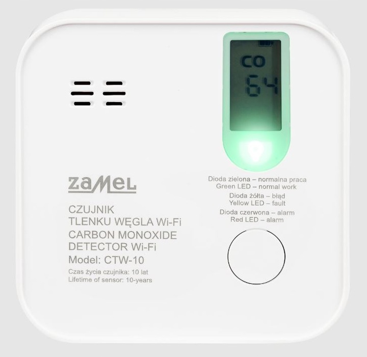Czujnik detektor tlenku węgla czadu WiFi Aplikacja TUYA Zamel CTW-10